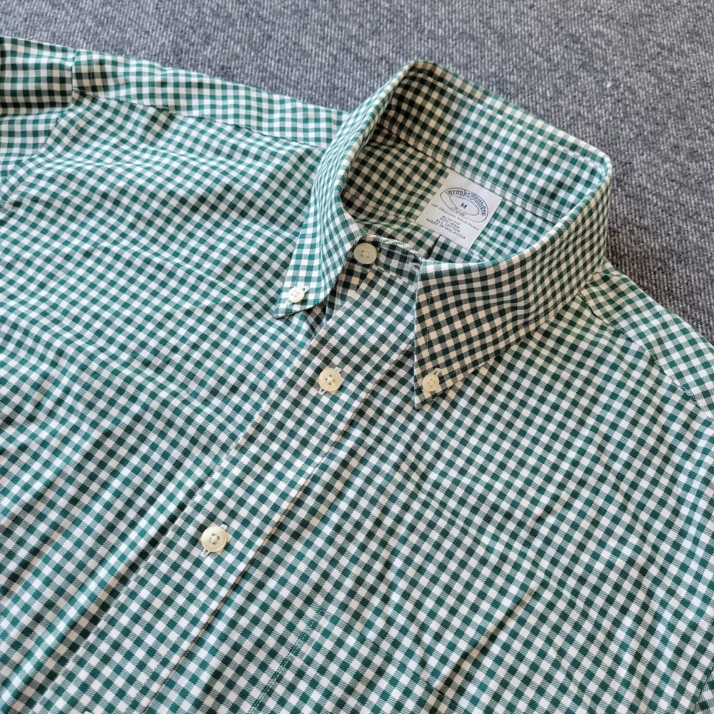 Brooks Brothers 346 Shirt Men's Medium Slim Fit Green Gingham Check Button Down